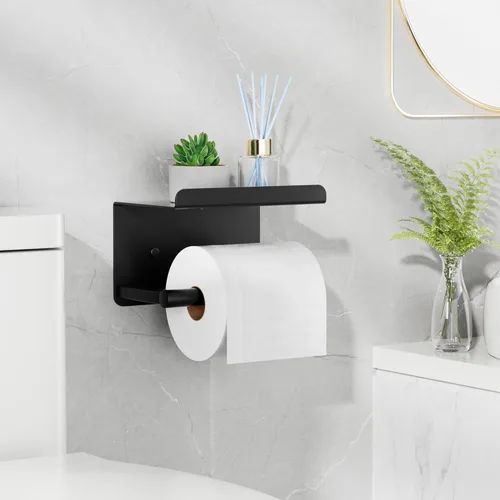 Vista 6 de Soporte de papel higiénico adhesivo con estante para teléfono, soporte de papel higiénico montado en la pared, soporte de rollo de papel higiénico