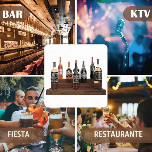 Vista 5 de Soporte para botellas de licor, estante de exhibición de botellas de licor de 3 niveles de 24 pulgadas, capacidad para 18 botellas, madera real,