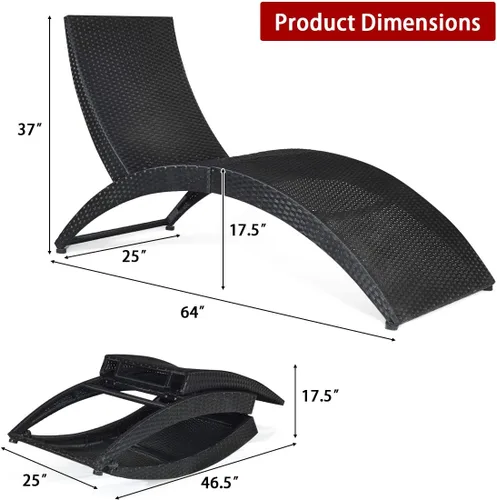 Vista 2 de COSTWAY 2 sillas plegables de ratán para exteriores, tumbona de mimbre para patio con cojín suave, soporte ergonómico, sillas portátiles de piscina