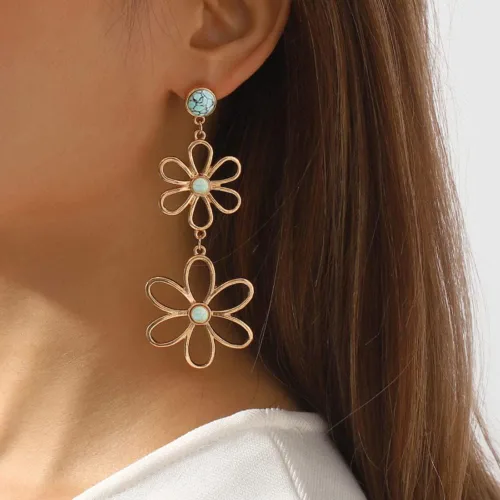 Vista 2 de Aretes colgantes de flores turquesas para mujer, con borla larga, margarita, flor de cerezo, piedra natal azul, colgante, bohemios, ligeros, regalos