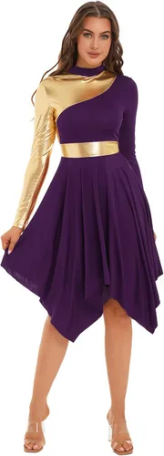 Vista 28 de Vestido de mujer de alabanza litúrgica con bloques de color, sin mangas, con dobladillo irregular, de estilo lírico para danza Borgoña