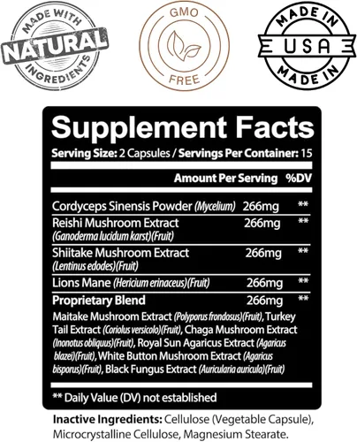 Vista 3 de Kaya Naturals Complejo de hongos premium potente, cápsulas complejas de hongos de 1995 mg por porción, ayuda a la claridad mental que apoya