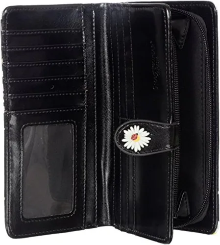 Vista 2 de Shag Wear Cartera de mano vegana con cremallera para mujer, con bonitos diseños de naturaleza, Margaritas y mariquitas, negro, Cartera de viaje