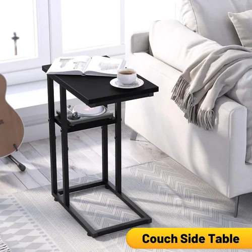 Vista 8 de Mesa auxiliar en forma de C, mesa auxiliar resistente de 2 niveles en forma de C para sofá, mesita de noche, espacio pequeño, mesa auxiliar