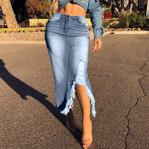 Vista 5 de Falda midi de mezclilla para mujer, sexy, desgastada, elástica, entallada, con abertura alta, entallada, entallada, entallada, con cintura alta