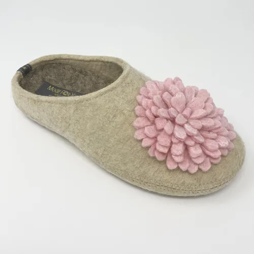 Vista 2 de Pantuflas hechas a mano para mujer 100% lana con flor rosa y plantilla de soporte para el arco