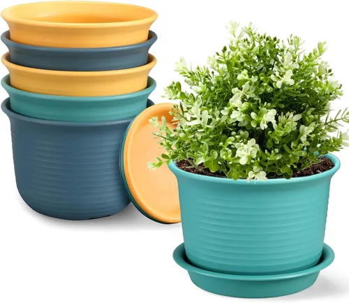 Vista 8 de Paquete de 6 macetas para plantas de interior, macetas con orificio de drenaje y platillo de bandeja, maceta de 7 pulgadas, macetas de 6 pulgadas