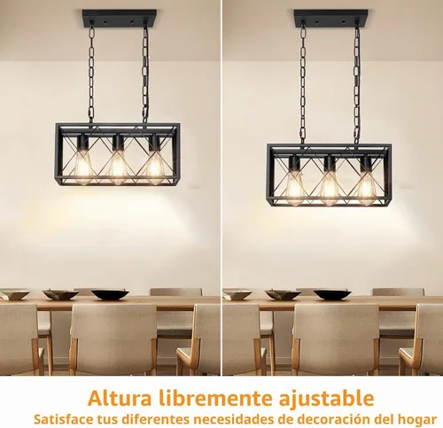 Vista 6 de Pynsseu - Iluminación colgante para isla de cocina industrial, rectangular, estilo vintage rústico, lámpara colgante de 3 luces, para cocinas
