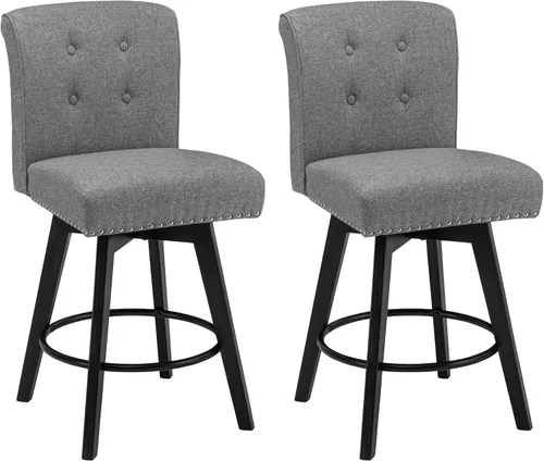 Vista 8 de Juego de 2 taburetes de bar giratorios de 360° con botón acolchonados, taburetes de bar tapizados de 26 pulgadas con patas de madera maciza