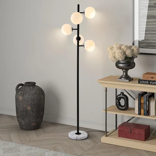 Vista 6 de KCO Lighting Five Globe - Lámpara de pie moderna de mediados de siglo, pantalla de vidrio de leche, acabado negro, base de mármol para sala de estar