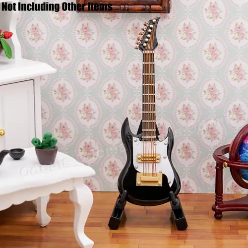 Vista 6 de Odoria 1/12 Guitarra Eléctrica Miniatura Casa de Muñecas Instrumentos Musicales Accesorios, Negro