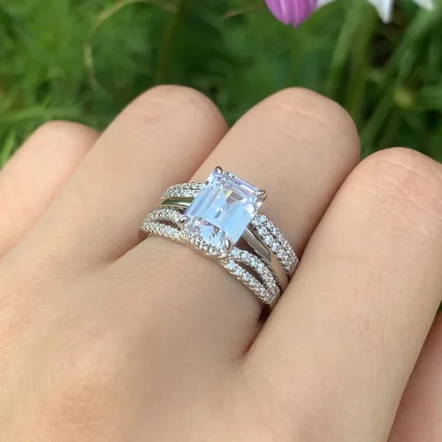 Vista 2 de Wuziwen Anillo de novia realzador de 2 quilates para anillos de compromiso para mujer, diseño de corazón de princesa, esmeralda ovalada, plata