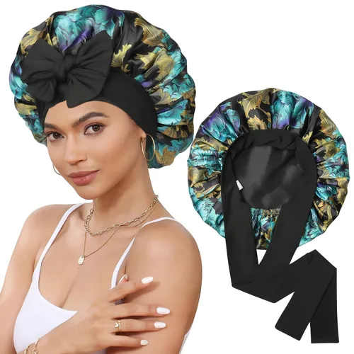 Vista 13 de Gorro de satén de seda para dormir, gorro de seda de doble capa con banda elástica para cabello rizado