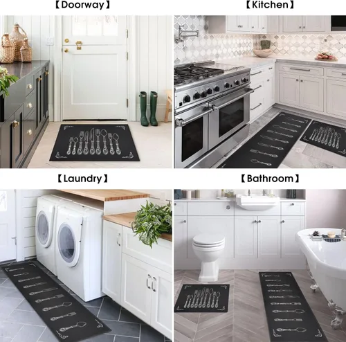 Vista 4 de Alfombras y tapetes negros de cocina antideslizantes, lavables, absorbentes, de microfibra, para piso, juego de 2 tapetes de cocina negros