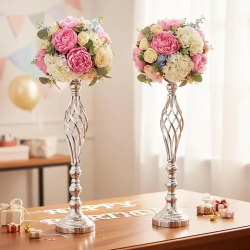 Vista 18 de 2 piezas de centros de mesa de boda para mesas de recepción, soportes de velas retorcidas, adornos, centros de mesa de metal con jarrón de flores