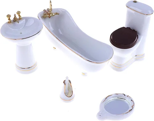 Vista 5 de 1:12 Juego de baño de porcelana en miniatura para casa de muñecas, 5 piezas, lavabo de cerámica blanca, espejo de bañera, muebles en miniatura