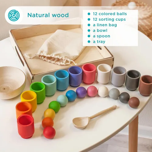 Vista 9 de Ulanik Pelotas en tazas Montessori Juguetes para niños de 1 año + niños preescolares juegos de madera a juego para aprender clasificación