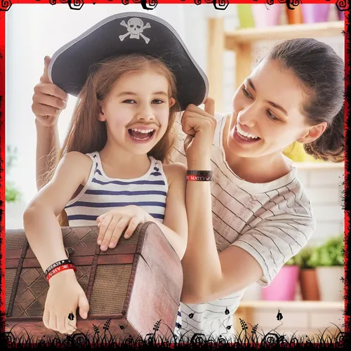 Vista 6 de Capoda 24 pulseras de silicona pirata Ahoy Matey Caribbean pulseras de goma calavera, barco pirata, recuerdos de fiesta para niñas y niños