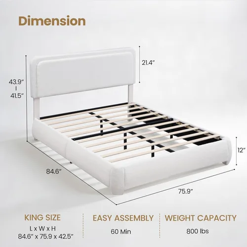 Vista 8 de Flolinda Base de cama tapizada tamaño King con cabecera ajustable, plataforma moderna con listones de madera de tela Boucle, perfil bajo,