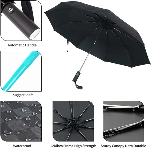 Vista 4 de ElifeAcc Paraguas resistente al viento auto compacto paraguas protección UV, ligera, 9 varillas, paraguas plegable de secado rápido, unisex