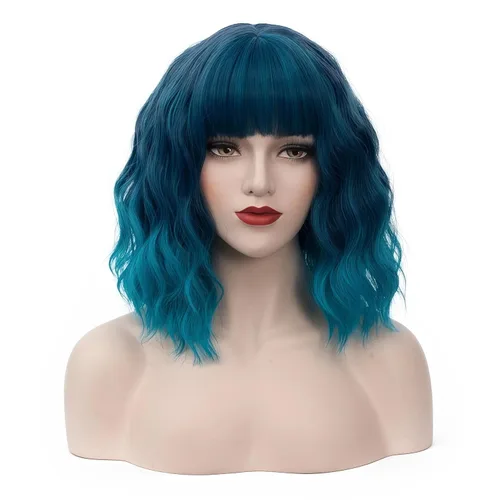 Vista 23 de BUFASHION Peluca rizada corta ondulada de 14 pulgadas para mujer, peluca sintética para cosplay, Halloween, peluca con flequillo lateral (negro)