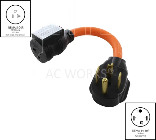 Vista 2 de AC WORKS Cable adaptador hembra doméstico de 4 clavijas de 220 voltios a 120 voltios y 15/20 amperios