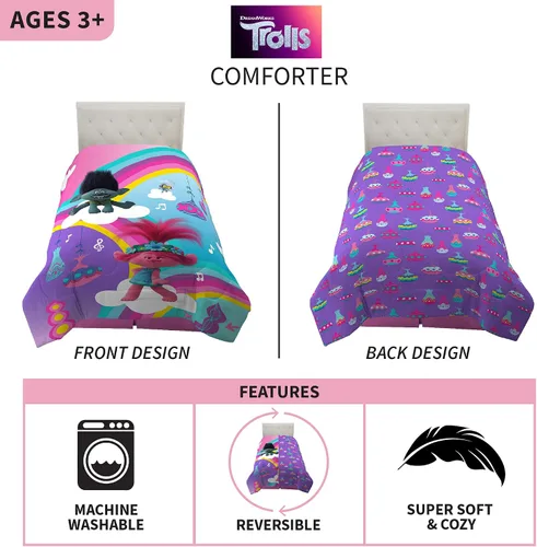 Vista 3 de Franco edredón reversible y muy suave para niños, ropa de cama de tamaño individual/matrimonial, Trolls World Tour