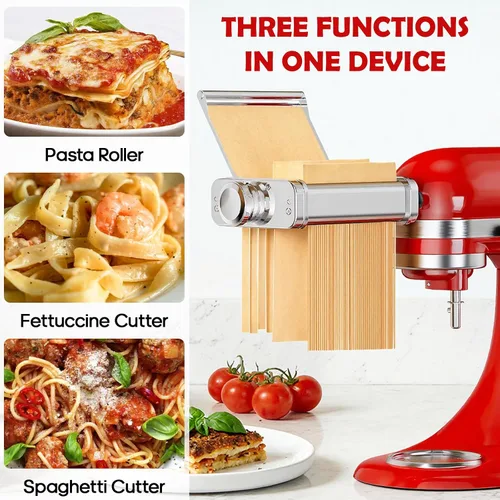 Vista 10 de Accesorio de pasta de acero inoxidable para batidora de pie KitchenAid, máquina de pasta 3 en 1 con rodillo de pasta, cortadores de espaguetis
