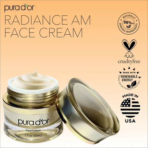 Vista 5 de PURA D'OR Crema facial Radiant Glow AM de 1.7 onzas, azul de metileno, polifenoles, flavonoides, extracto de células madre de manzana, hidratante
