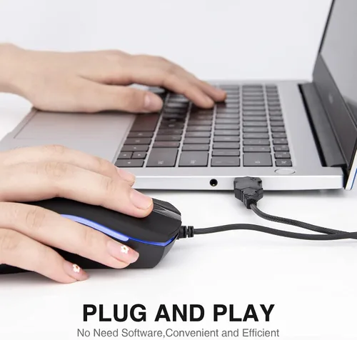 Vista 2 de Rii Ratón con cable RM105, mouse de computadora con retroiluminación RGB colorida, agarre cómodo óptico ergonómico, ratones con cable USB compatible