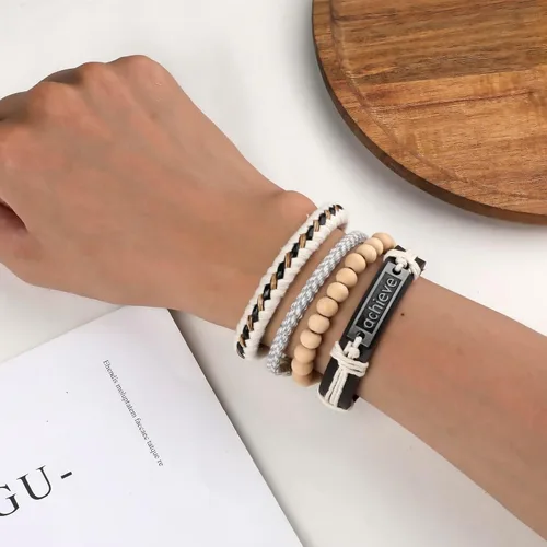 Vista 2 de Ritach Pulseras de cuero trenzado para hombres y mujeres, cuentas de madera, cuerdas de cáñamo, pulseras étnicas tribales, juego de pulseras