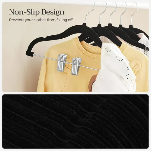 Vista 5 de SONGMICS Paquete de 30 perchas para pantalones de bebé con clips, perchas para niños con 6 separadores de ropa, perchas antideslizantes para ropa