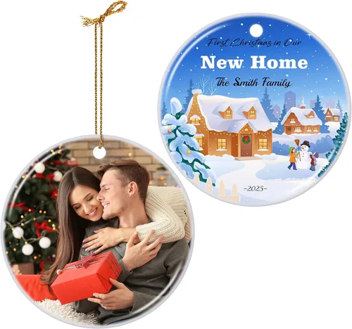 Vista 10 de Adornos de Navidad Personalizados 2025 de Cerámica con Imagen y Texto Personalizados, Ornamento Colgante, Decoraciones Personalizadas para Árbol