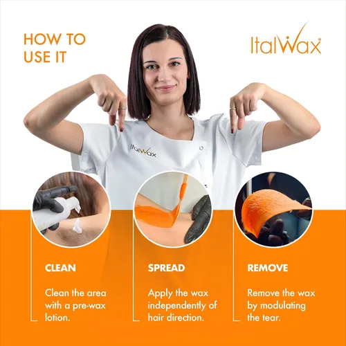 Vista 5 de Italwax Top Line Cera Dura Coral 1.65 lb (750g) – Textura Cremosa Naranja Intensa con Agarre Fuerte, Ideal para Bikini y Cabello Grueso, Aplicación