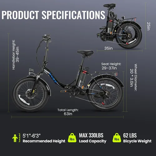 Vista 5 de Vivi Bicicleta eléctrica 20 "x3.0 MT20UL Fat Tire Bicicleta eléctrica con 48V 499.2WH batería extraíble