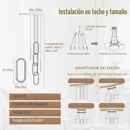 Vista 3 de Flashing God Candelabro moderno, candelabros cromados con 6 anillos LED, lámpara de techo alto más grande para sala de estar, lámpara rectangular