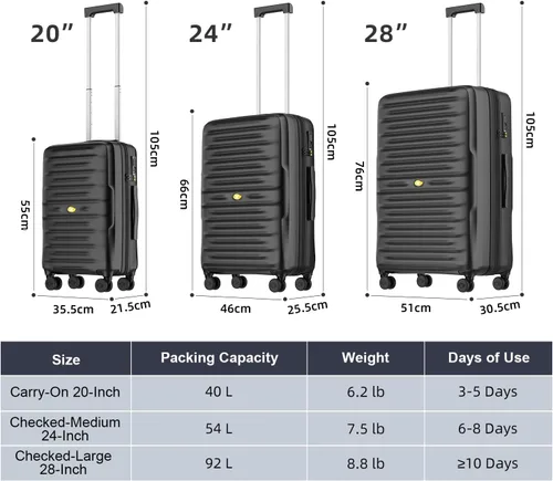 Vista 2 de MGOB Equipaje de mano Maleta rígida con ruedas giratorias y cerradura TSA, aprobada por aerolíneas para hombres y mujeres, color negro, Negro