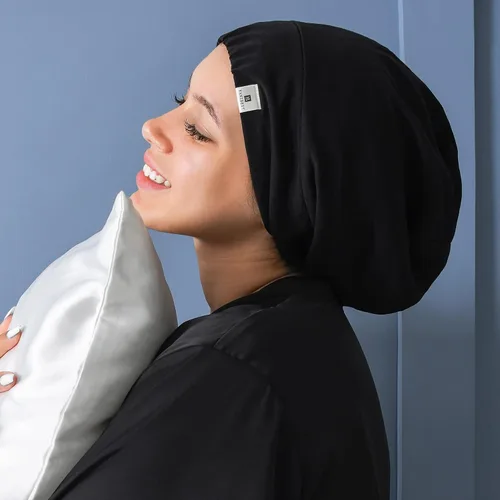 Vista 6 de YANIBEST - Gorro de satén de seda para dormir y cubrir el cabello, holgado, ajustable y con forro de seda para cabello rizado y trenzas