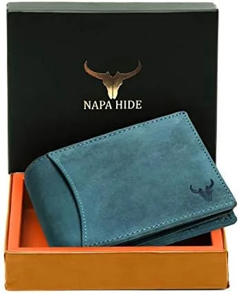 Vista 2 de Cartera de cuero genuino con protección RFID para hombres, Azul, Moderno