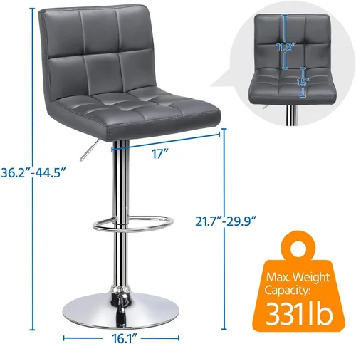 Vista 3 de Topeakmart Taburetes de bar modernos ajustables de cuero sintético giratorio, silla trasera de isla de cocina, taburete giratorio de bar, gris