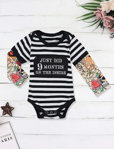 Vista 3 de Ropa de bebé niño, ropa de bebé niño con letras impresas, mameluco con mangas de tatuaje para niño