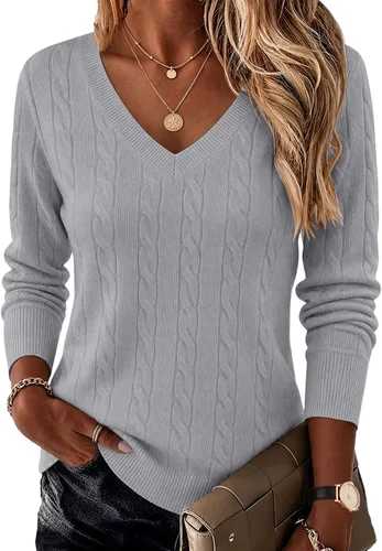 Vista 11 de Ekouaer Suéter de punto trenzado con cuello en V para mujer, manga larga Negro