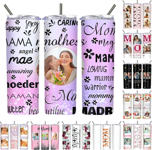 Vista 31 de Regalos para el Día de la Madre, vaso personalizado con foto de mamá, vasos delgados con tapa de nombre y pajita, 20 onzas, taza de café de viaje