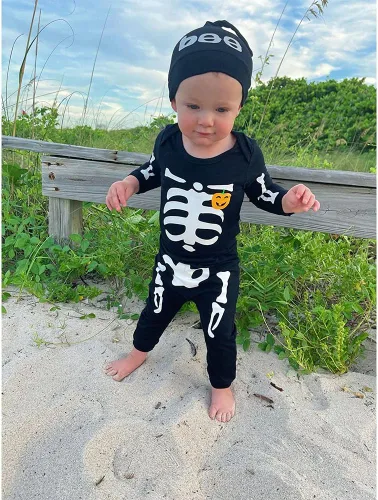 Vista 3 de Shalofer Ropa de Halloween para bebé niño, traje de esqueleto de Halloween