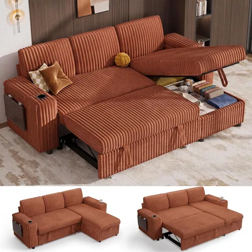 Vista 29 de Vipbear Sofá cama modular de 86 pulgadas con cama extraíble, sofá en forma de L de pana de felpa de 3 asientos con diván de almacenamiento, puertos