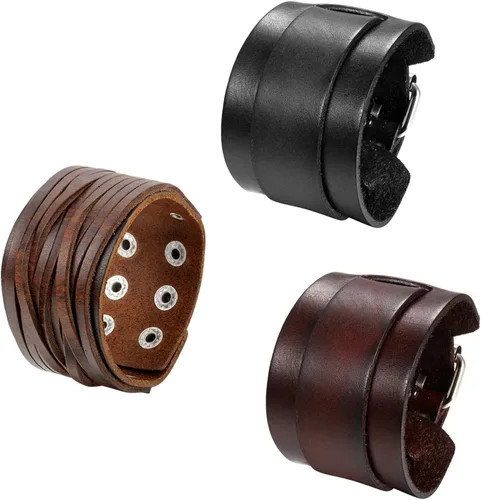 Vista 14 de OIDEA Assorted 3pcs Mens Punk Multistrand Leather Braided Bangle Cuff Bracelet for Biker Dad Father Size Adjustable