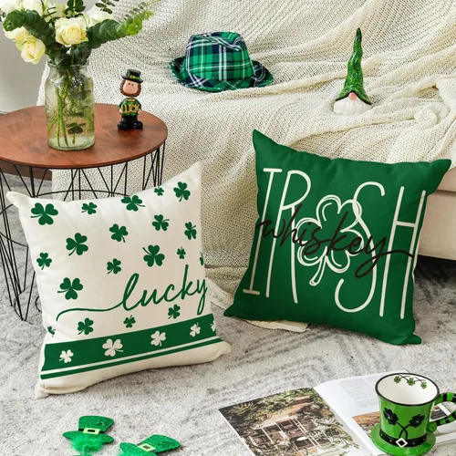 Vista 3 de AVOIN colorlife ST Patricks Day Lucky Charm - Juego de 4 fundas de almohada con diseño de trébol de whisky irlandés, 16 x 16 pulgadas, decoración