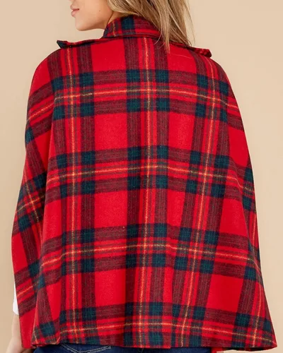 Vista 2 de MISUMALLS Poncho a cuadros para mujer, cuello abatible, doble botonadura con botones y bolsillos
