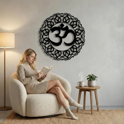 Vista 3 de DEKADRON Arte de pared de metal, decoración de Om de metal, regalos de yoga, símbolo de aum, arte de pared OM, decoración de estudio de yoga