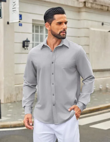 Vista 25 de COOFANDY Camisa de vestir casual de mezclilla con botones y manga larga para hombre